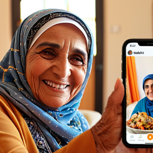 ** An elderly Arab woman smiling and using a smartphone. She's surrounded by her family (video call on the phone screen), showing connection and ease of use. Focus on warm colors and a modern, comfortable setting.

**