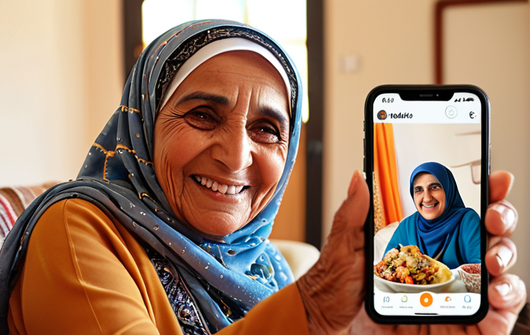 ** An elderly Arab woman smiling and using a smartphone. She's surrounded by her family (video call on the phone screen), showing connection and ease of use. Focus on warm colors and a modern, comfortable setting.
**